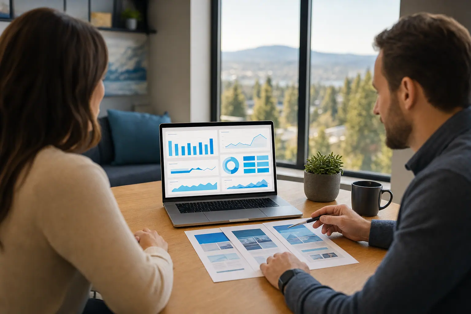 A web strategist and Spokane business owner review a tiered website proposal at a sunlit desk.