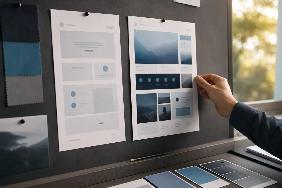 Printed website mockups pinned side by side showing basic and premium design options.