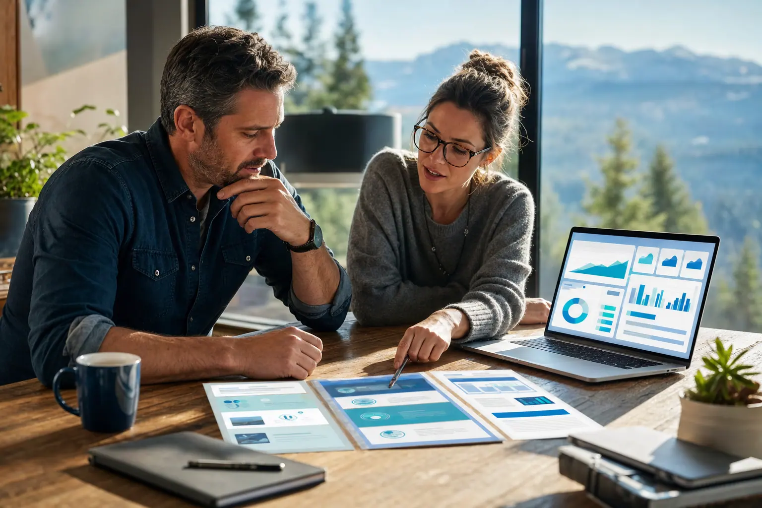 A business owner and web strategist compare website investment options at a sunlit table.