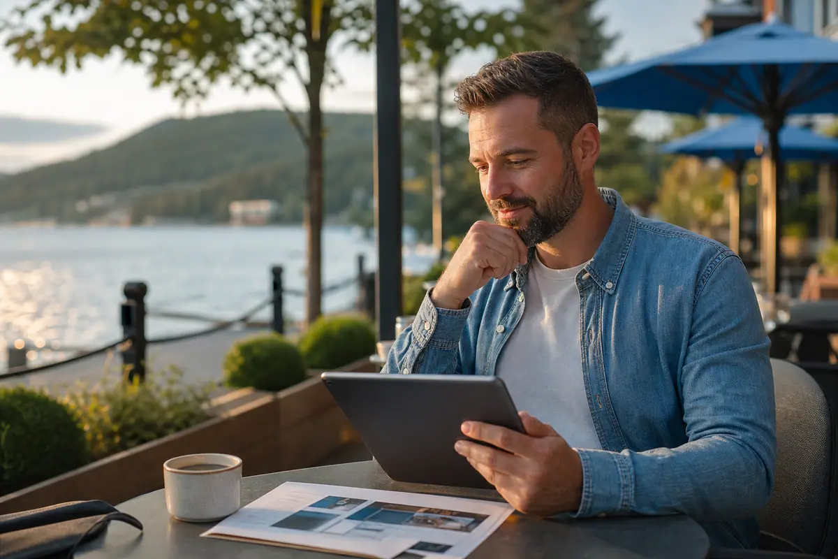 A North Idaho business owner reviews website plans on a tablet near a Coeur d'Alene lakeside.