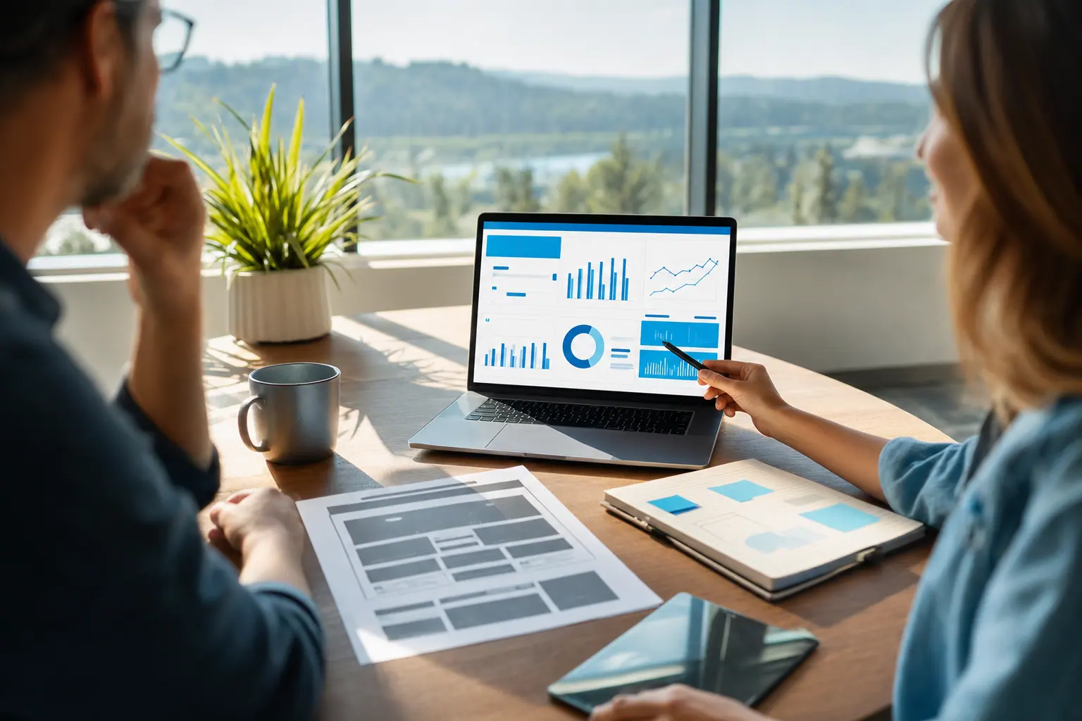 A web strategist and a business owner compare an old printed website layout against a fresh redesign on a laptop.
