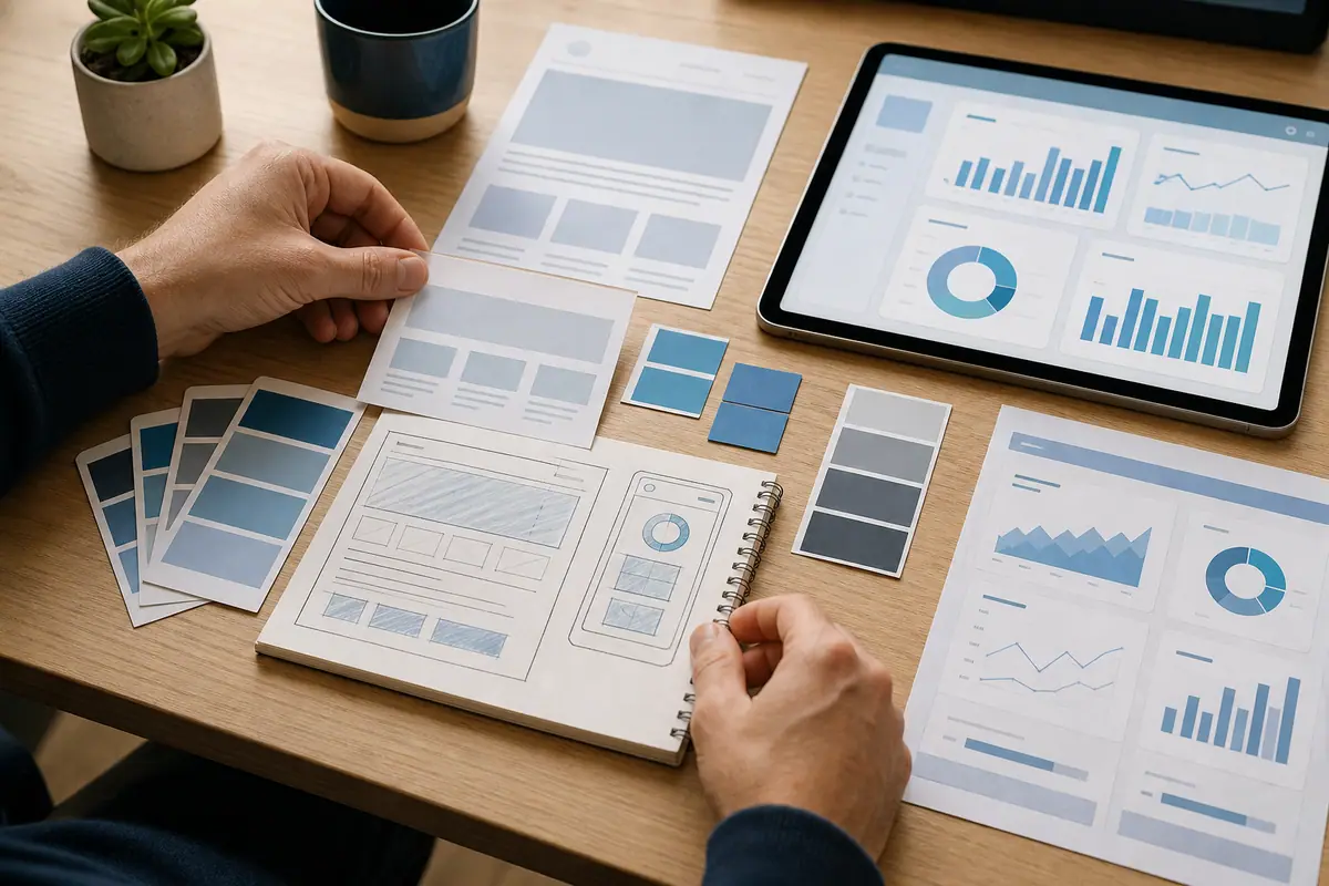 Overhead view of a designer arranging redesign wireframe cards, color swatches, and sketches on a desk.