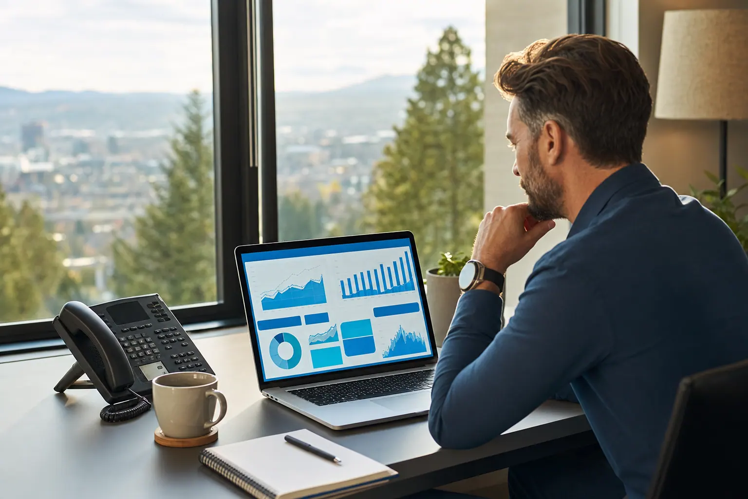 Business owner at a tidy office desk studying a rising visitor chart while the phone stays quiet