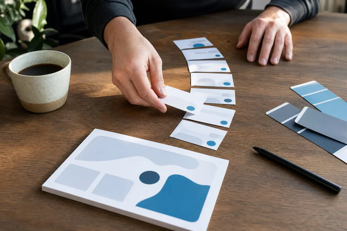 Hands arrange a phased roadmap of cards, one large foundation step leading into smaller recurring monthly steps.