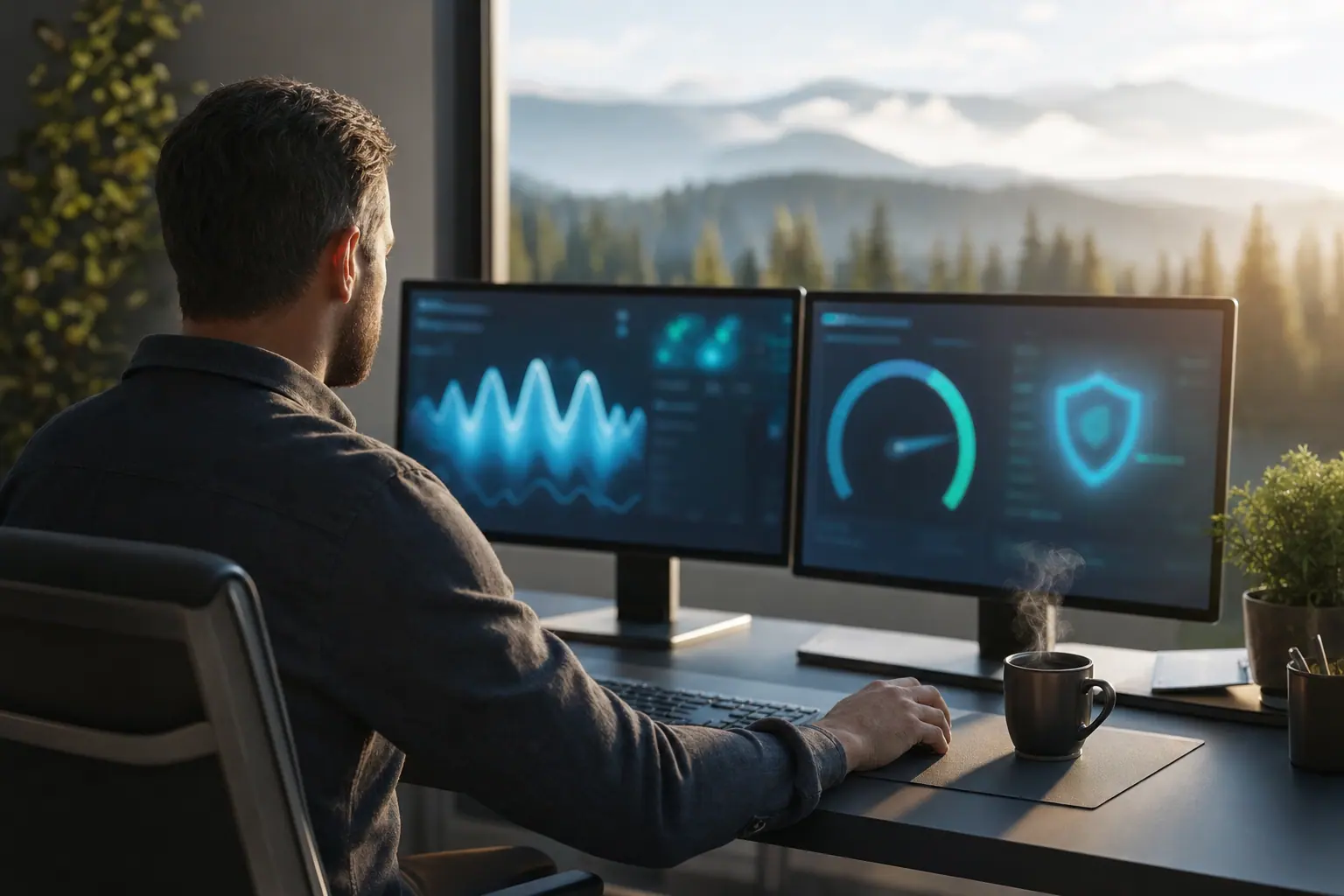 Web care specialist at a sunlit desk monitoring a website's health and security dashboards