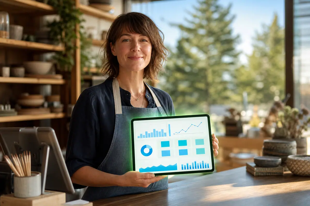 Spokane shop owner holding a tablet showing a fast, healthy website at their counter