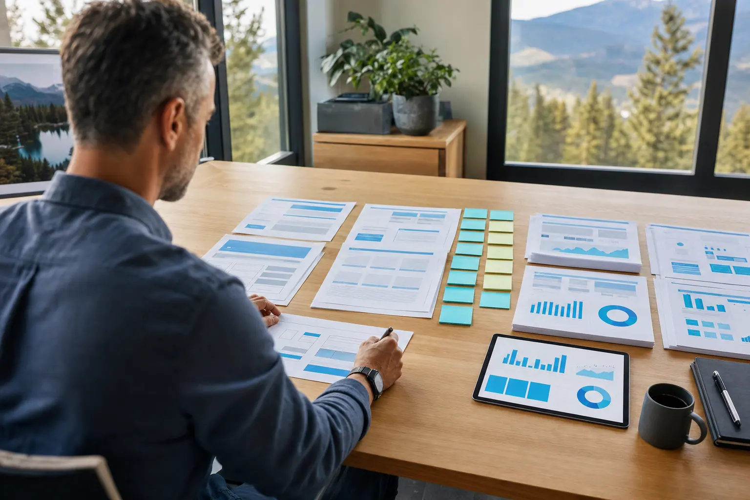 A business owner organizing printed plans and notes to scope a website project at a sunlit table.