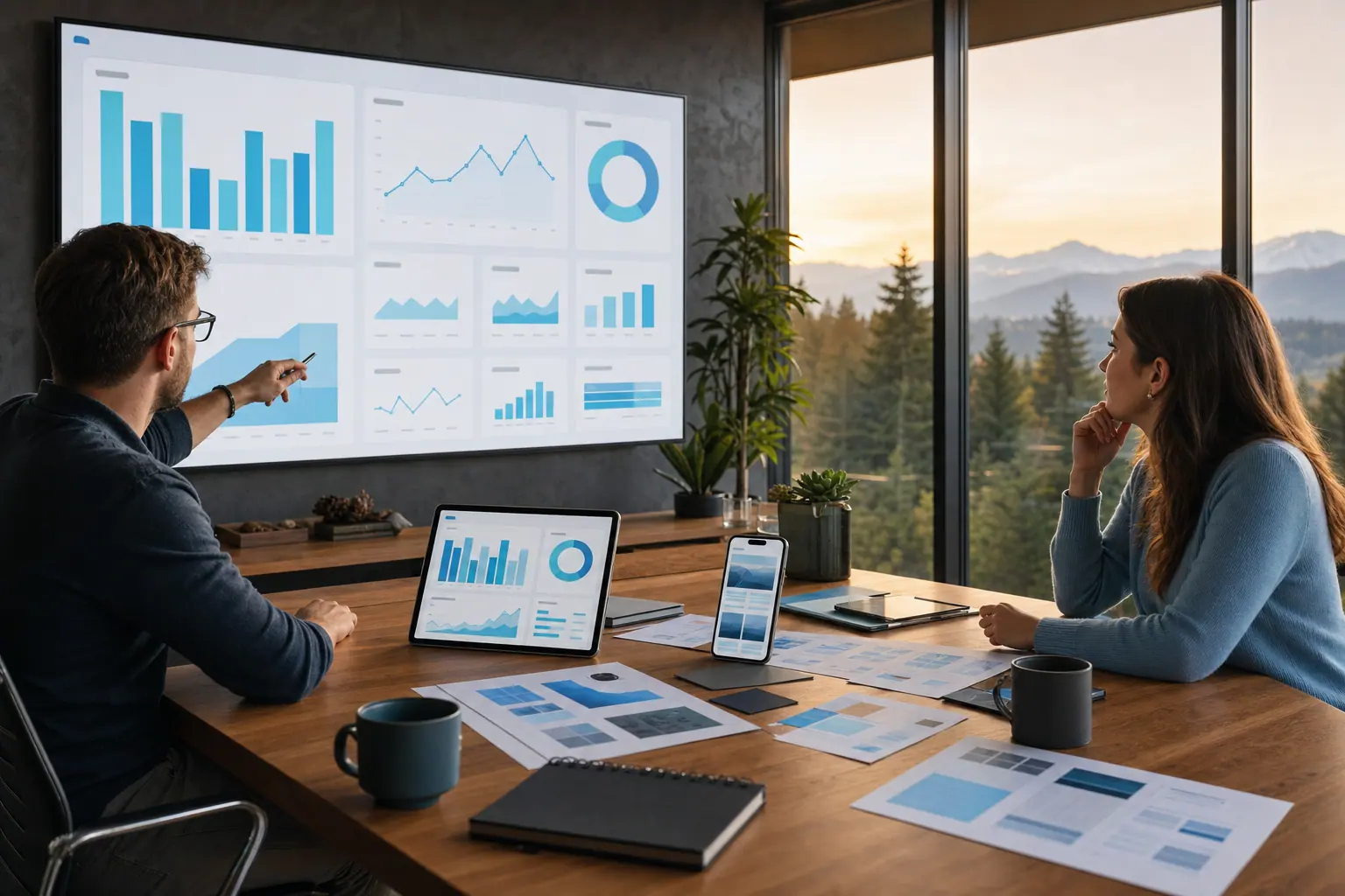 A web strategist and designer collaborate over website plans in a bright studio with mountain views.