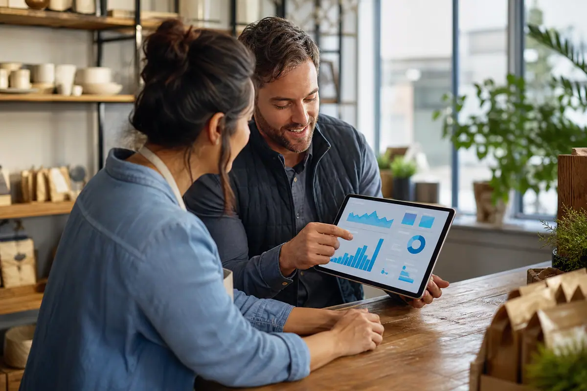 An agency consultant walks a local business owner through a service plan on a tablet.