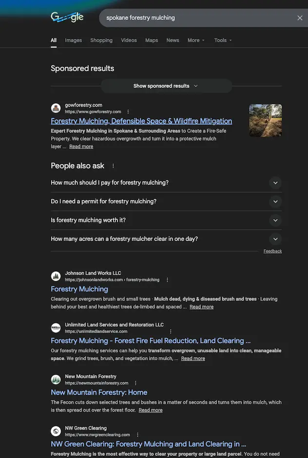 Google search results for forestry mulching spokane showing Gow Forestry ranking number one organic