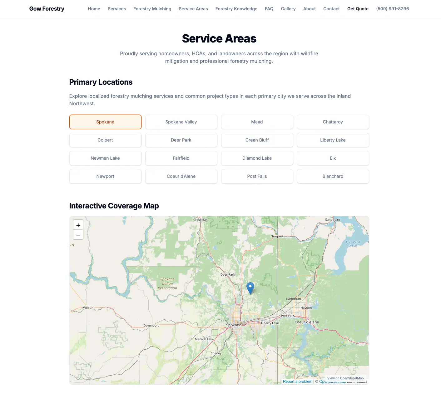 Interactive service area map covering 16+ communities across the Inland Northwest