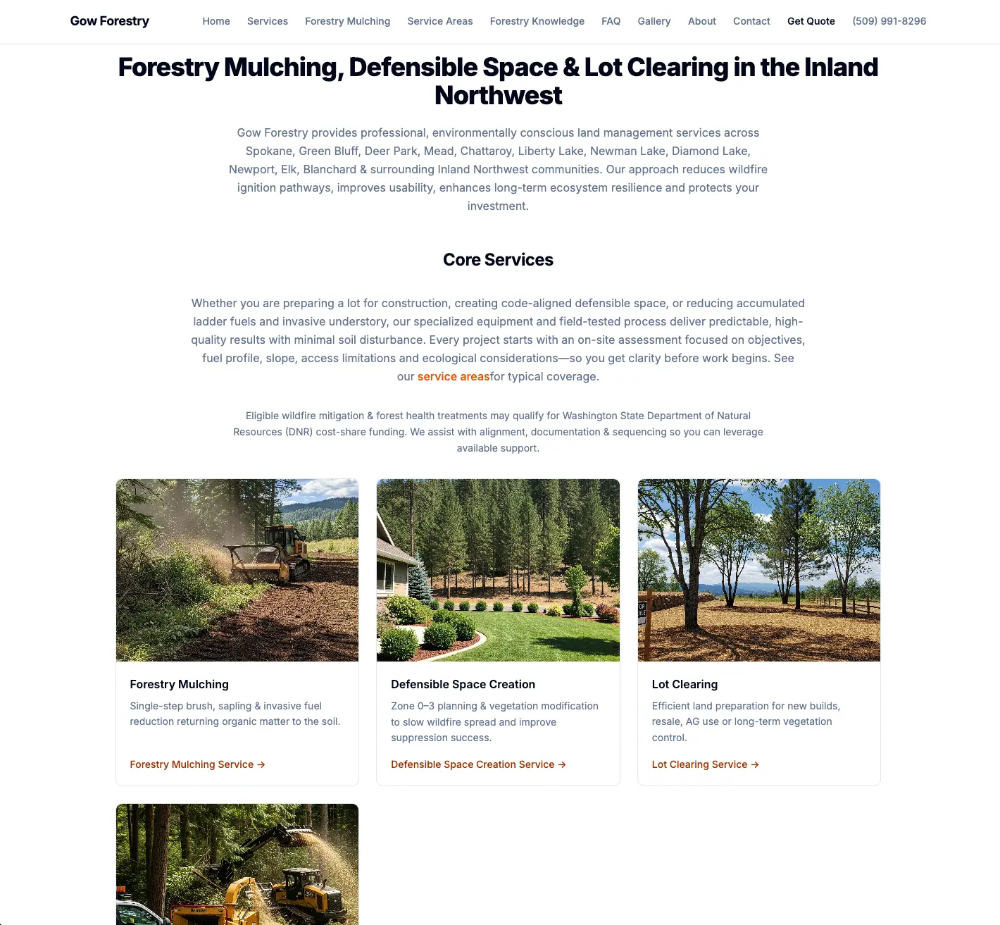 Gow Forestry service pages showing forestry mulching, defensible space, lot clearing, and DNR cost-share
