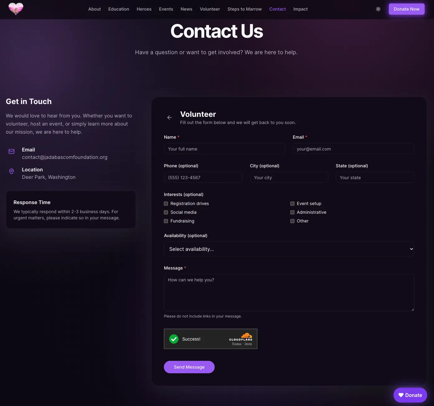 Volunteer registration contact form in dark mode