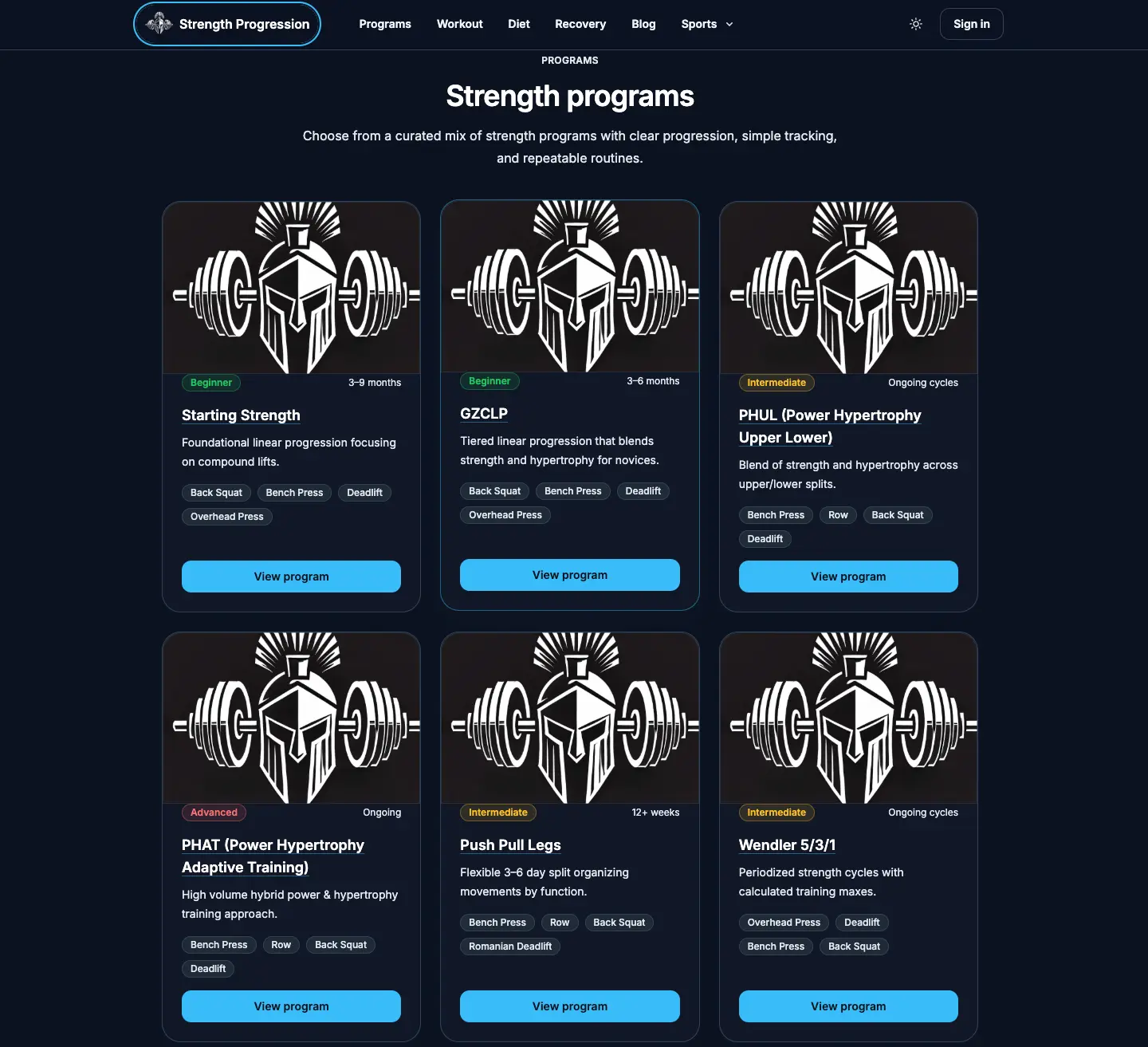 Training program library with filterable search by level, focus, split type, and sport on Strength Progression