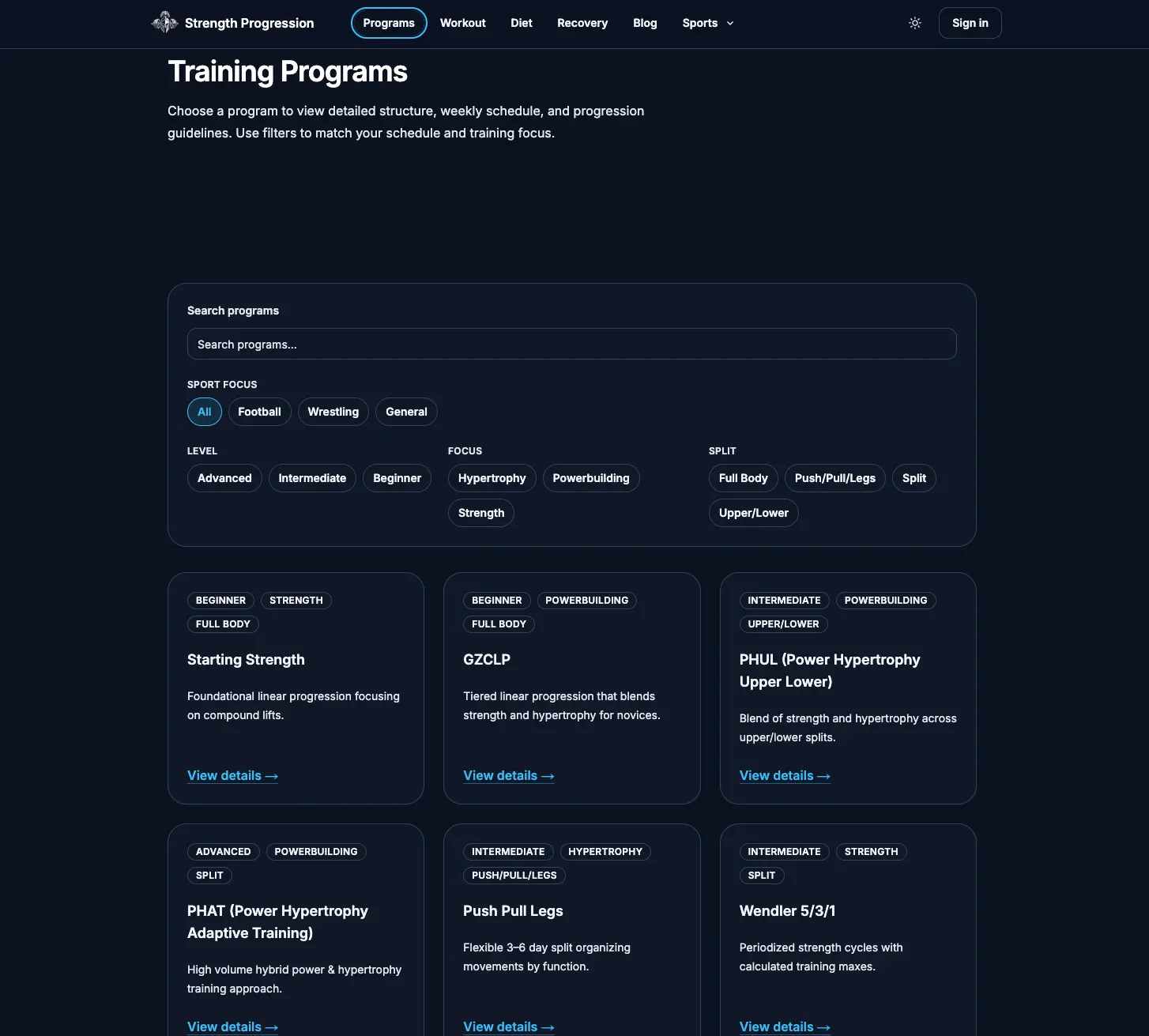 Training program cards showing level badges, duration, and training focus tags on Strength Progression