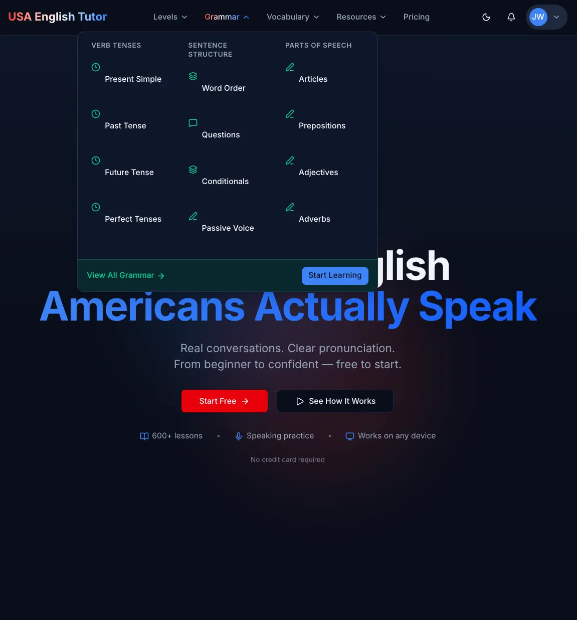 Structured English grammar courses with progressive lesson plans