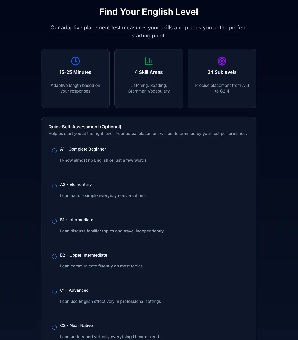 Built-in English proficiency placement test that routes students to appropriate course levels