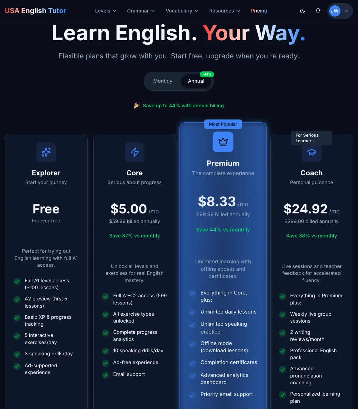 Transparent pricing page with structured lesson packages