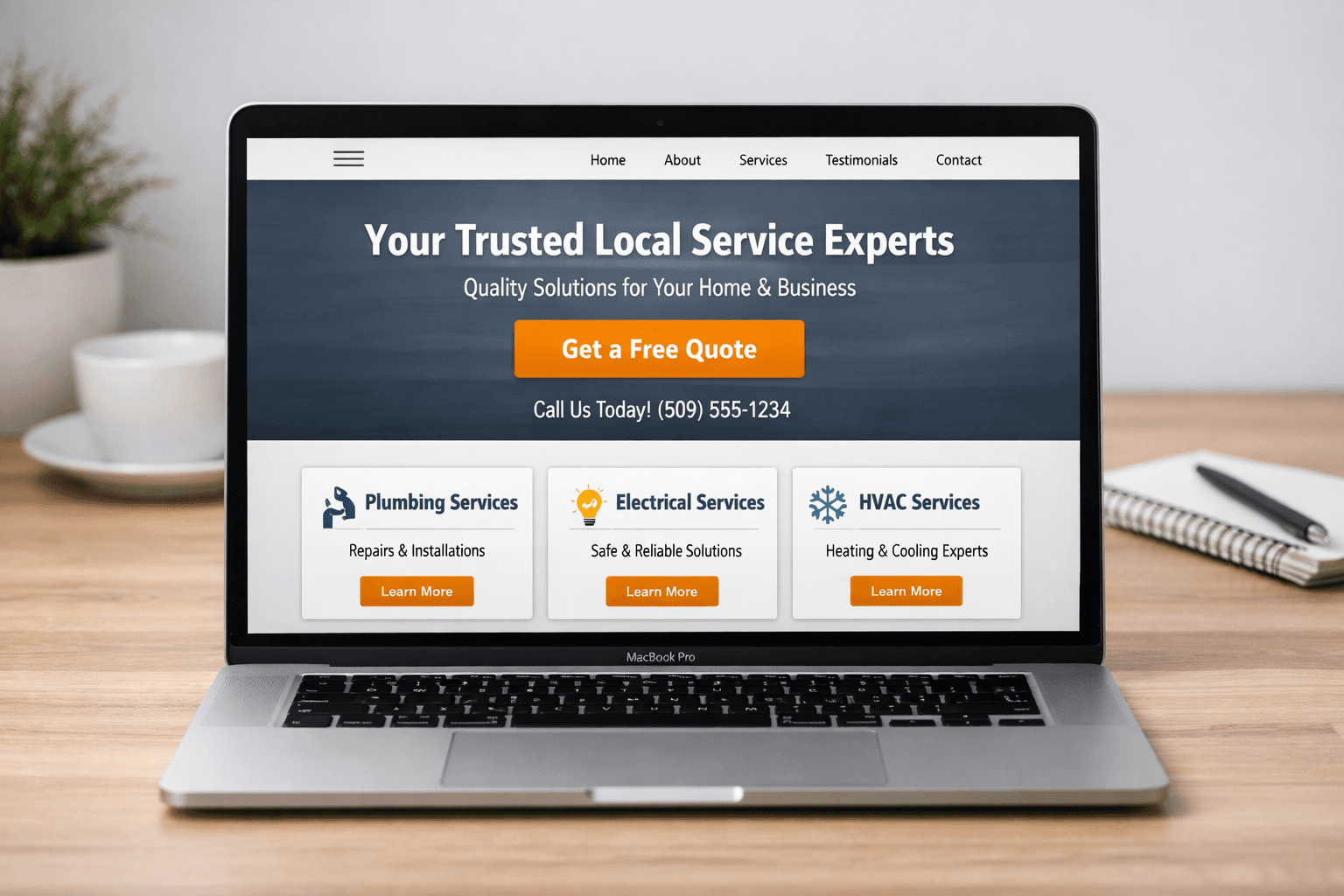 A clean laptop mockup showing a service business website with clear service cards and a call-to-action above the fold.