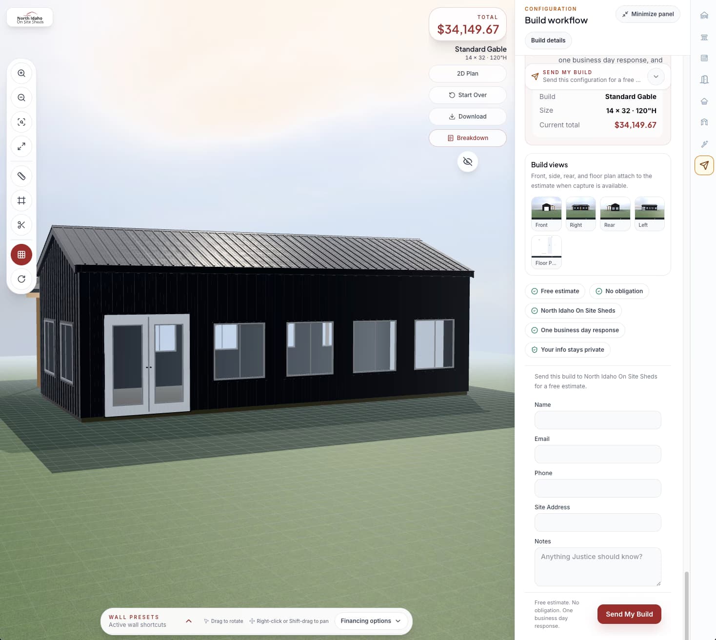 Desktop view of the North Idaho On Site Sheds configurator with 3D shed, live price, and Send My Build workflow