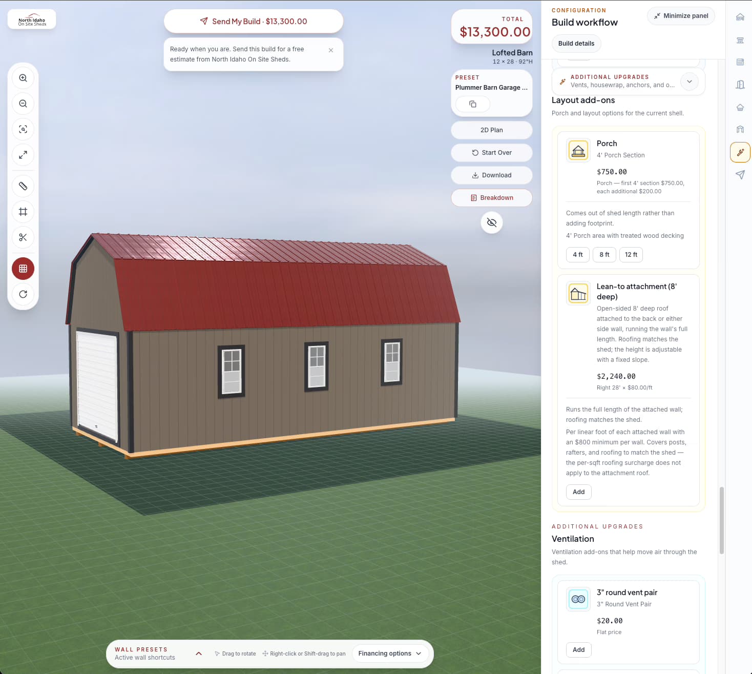 North Idaho On Site Sheds configurator showing porch and lean-to add-on controls with live price