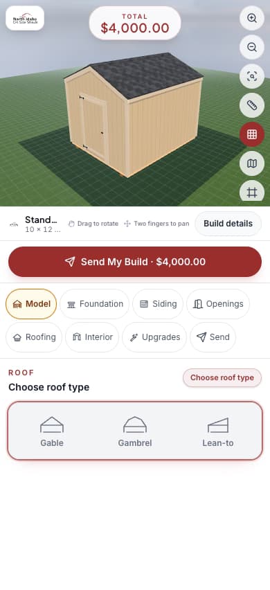 Mobile view of the North Idaho On Site Sheds configurator with model controls and Send My Build button