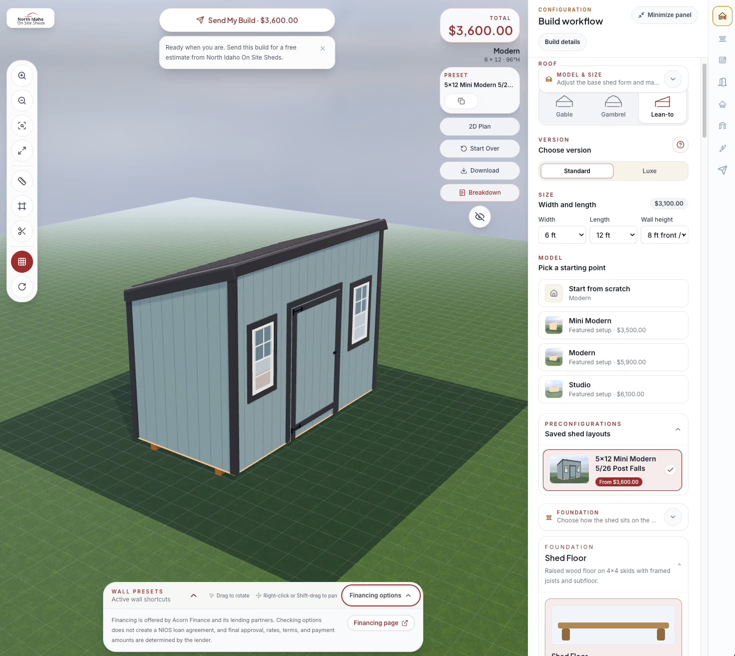North Idaho On Site Sheds configurator model and size controls with saved shed layouts