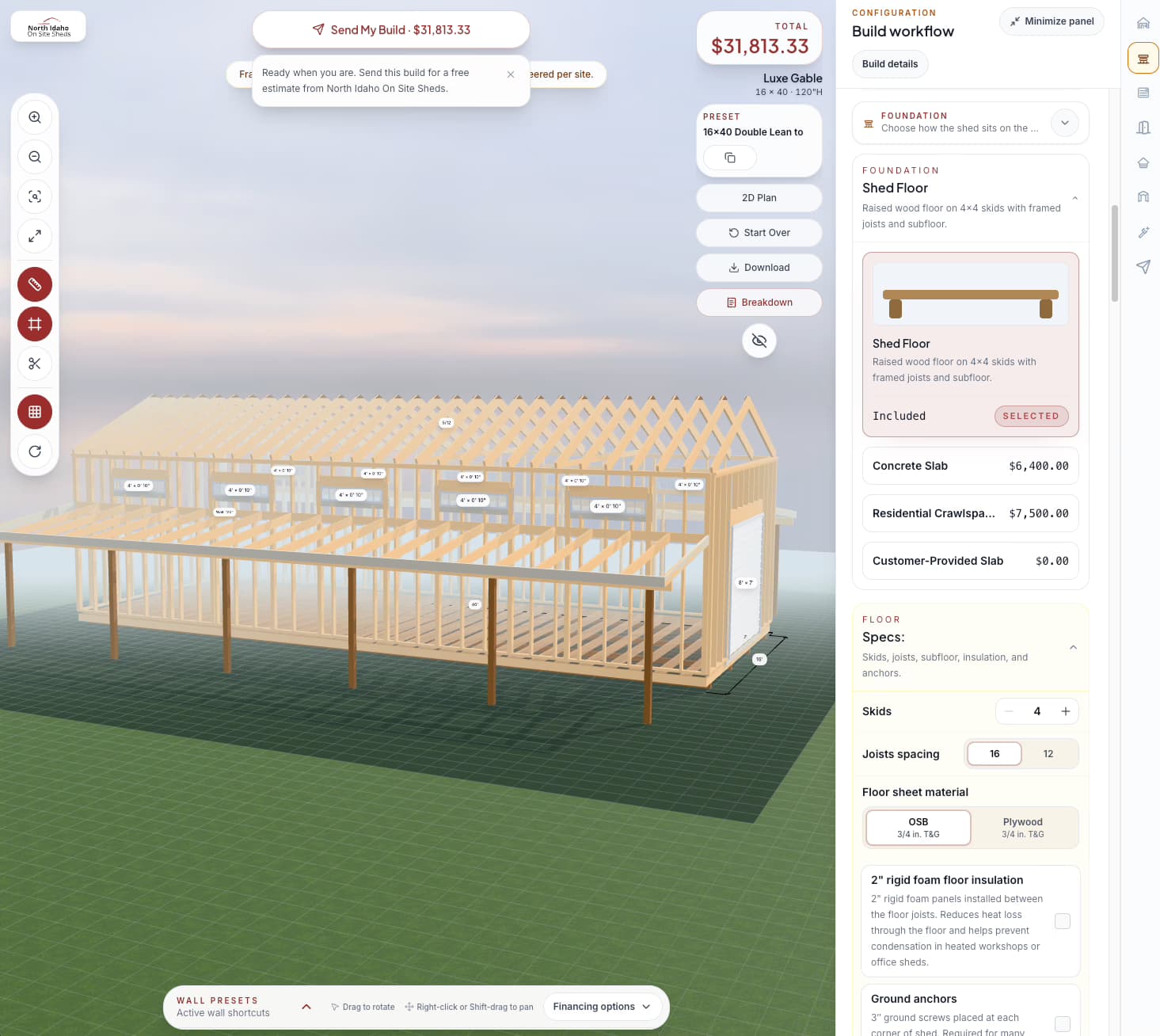 North Idaho On Site Sheds configurator showing framing dimensions and opening measurements