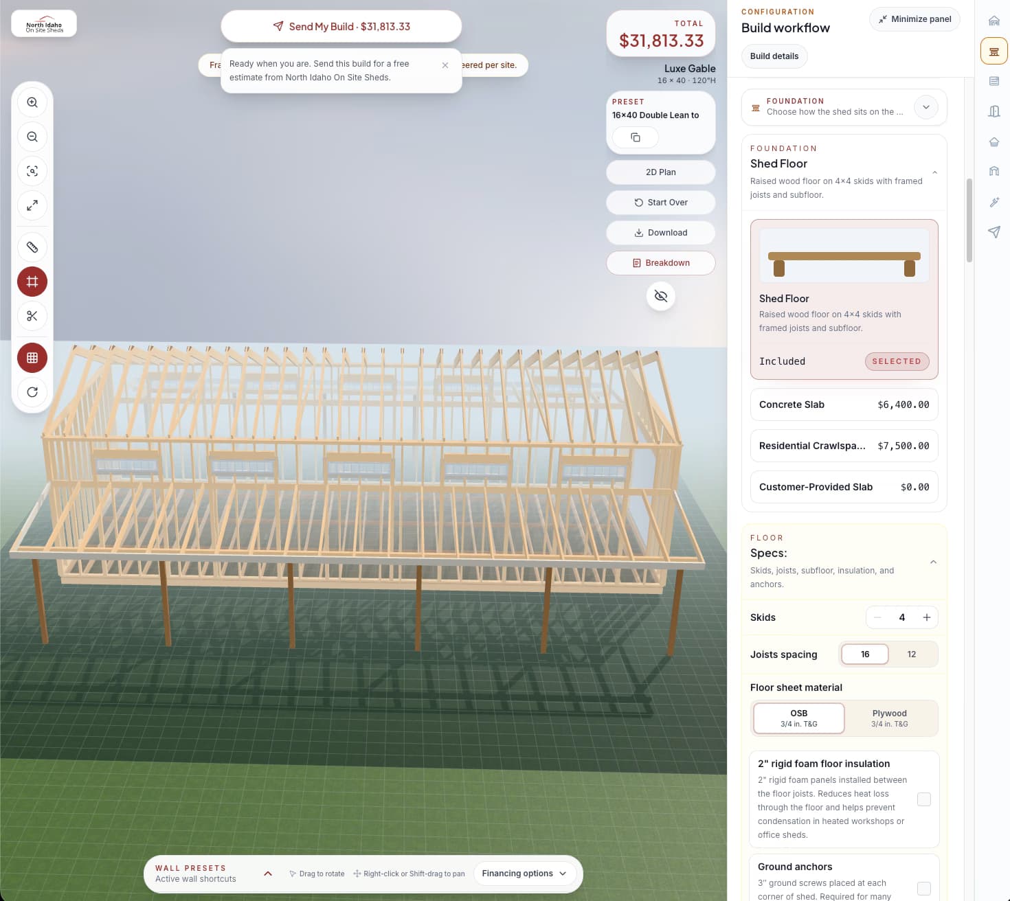 North Idaho On Site Sheds configurator showing framing view with floor and foundation controls
