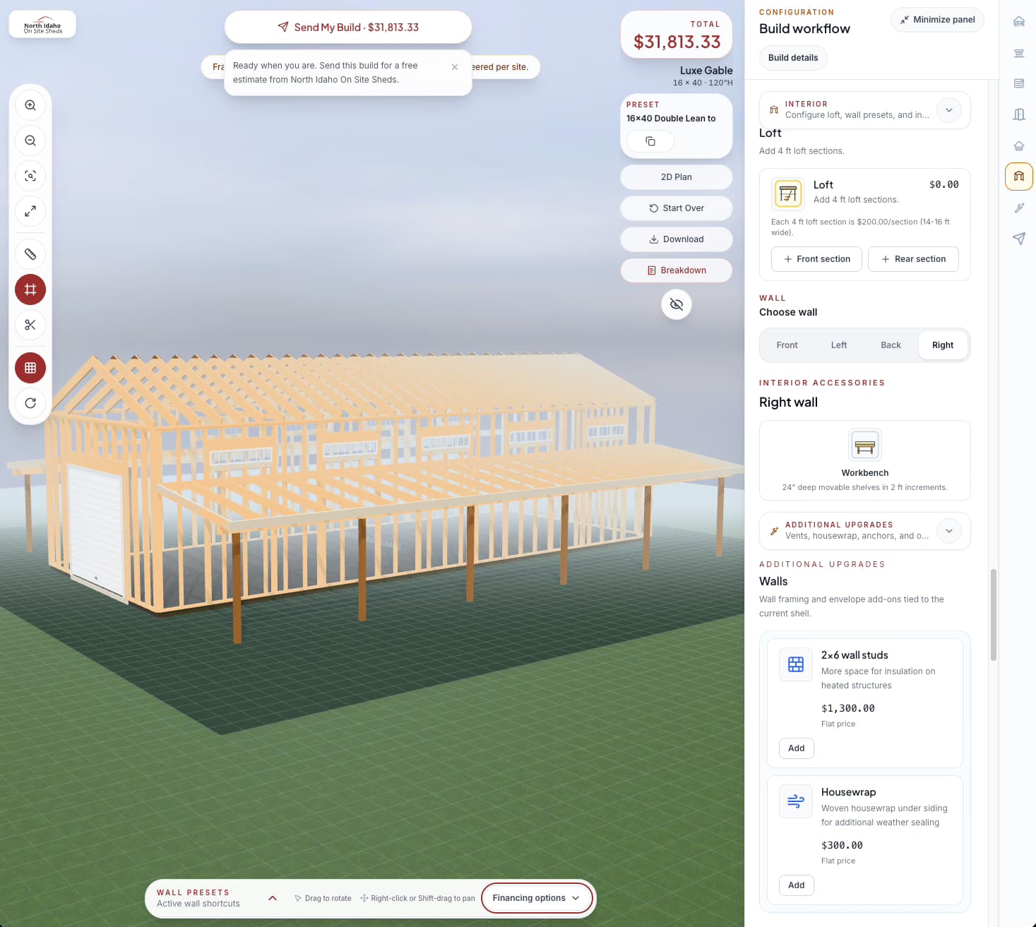 North Idaho On Site Sheds configurator showing structural framing view and wall options