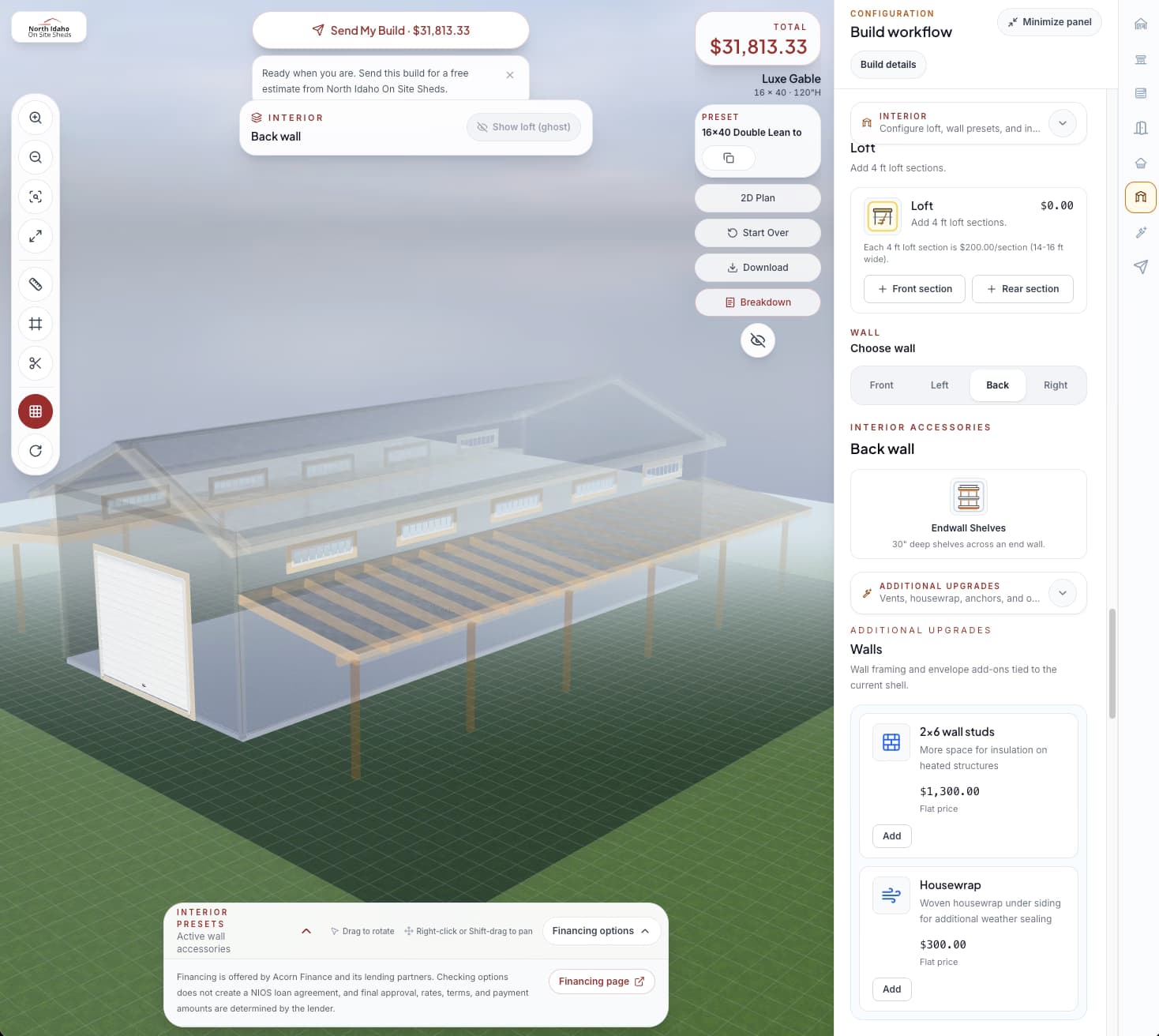 North Idaho On Site Sheds configurator showing interior view, loft options, shelves, and wall accessory controls
