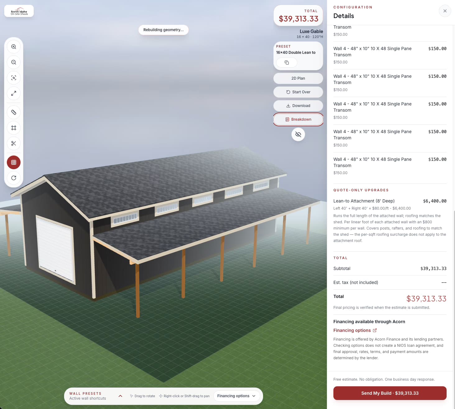 North Idaho On Site Sheds configurator showing a large shed with lean-to attachments, roll-up door, and quote breakdown
