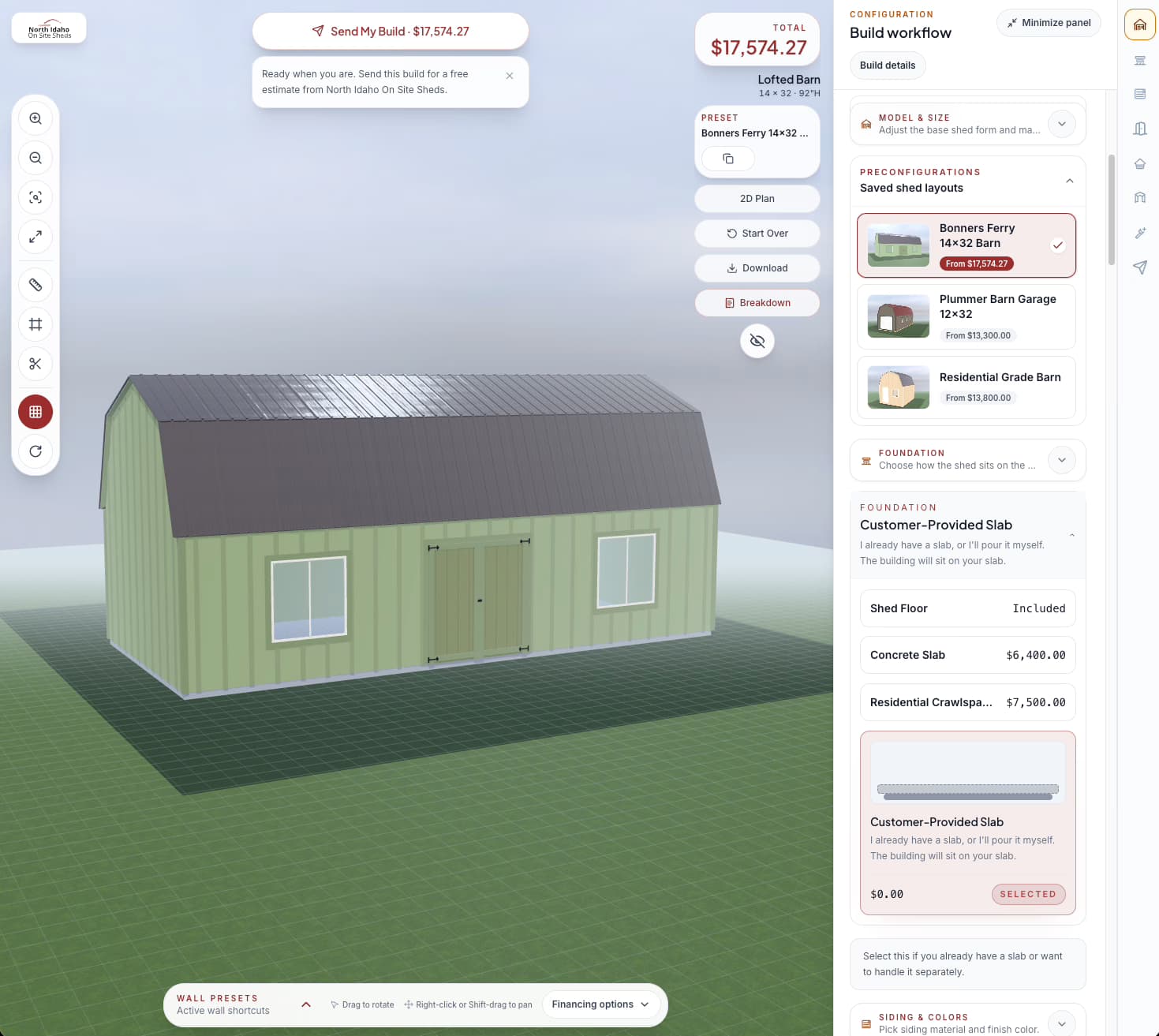 North Idaho On Site Sheds configurator showing saved real project shed layouts