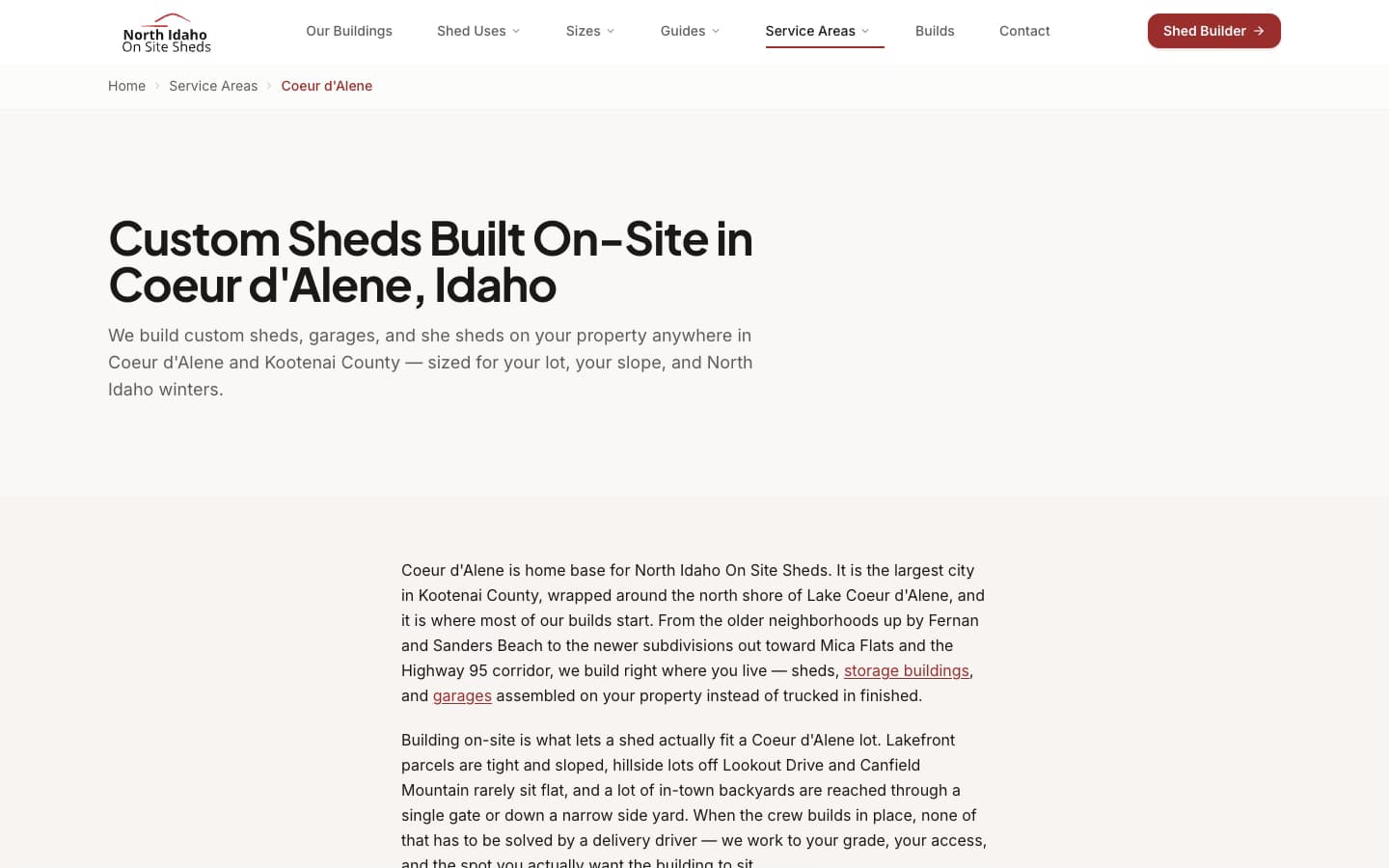 North Idaho On Site Sheds Coeur d'Alene service area page