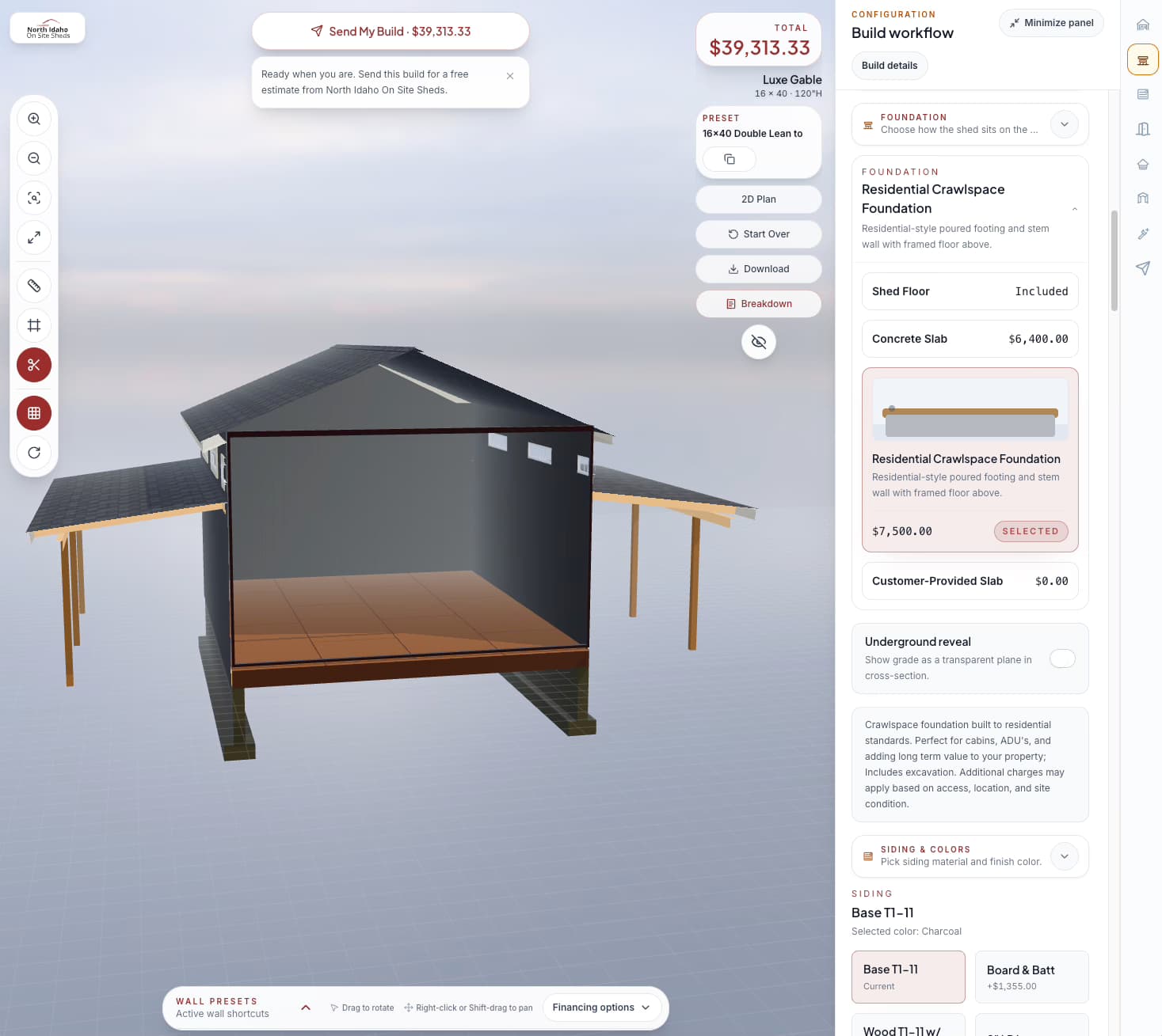 North Idaho On Site Sheds configurator showing split cutaway view and crawlspace foundation option
