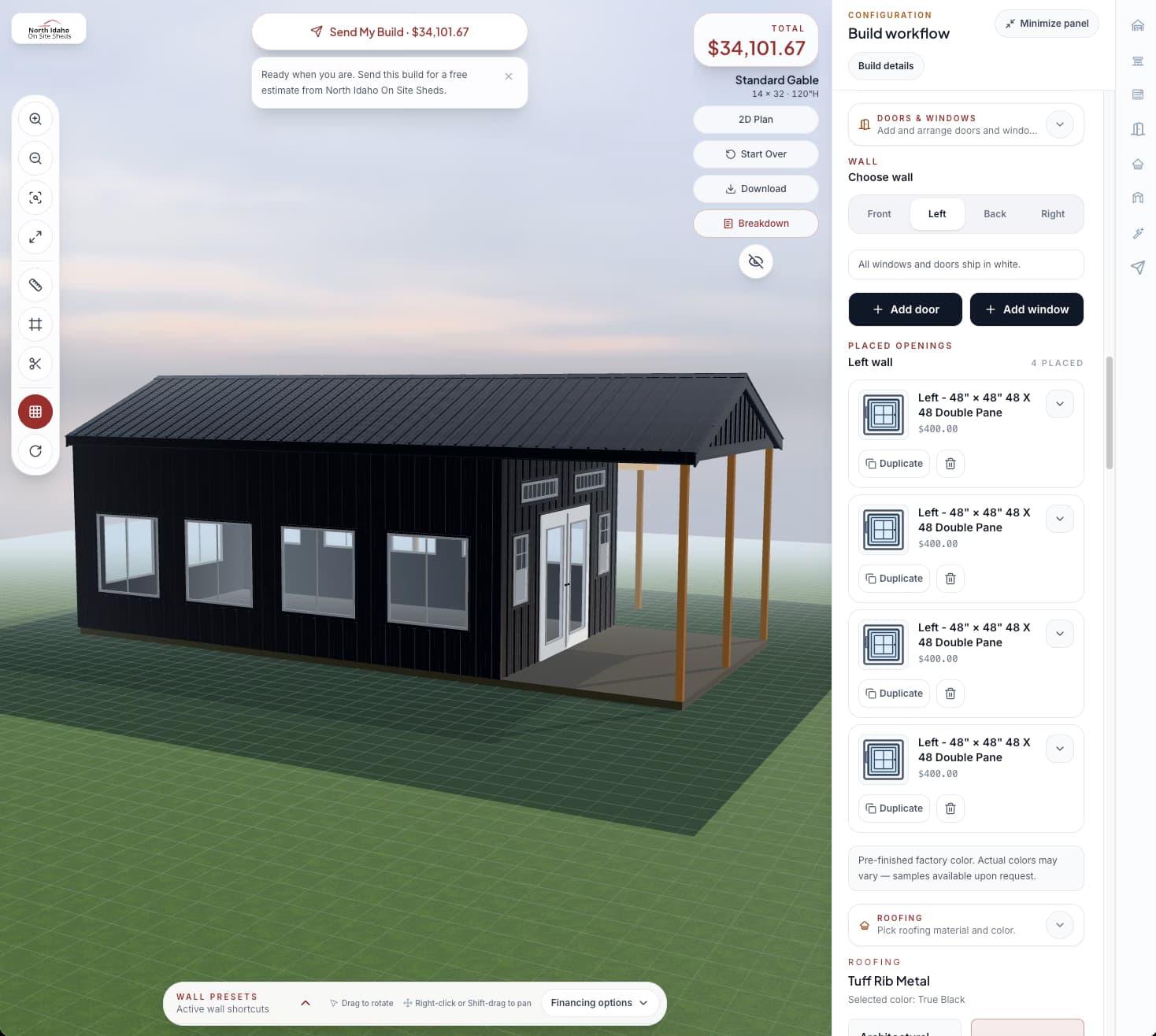 North Idaho On Site Sheds configurator showing windows, doors, porch sections, and placed openings