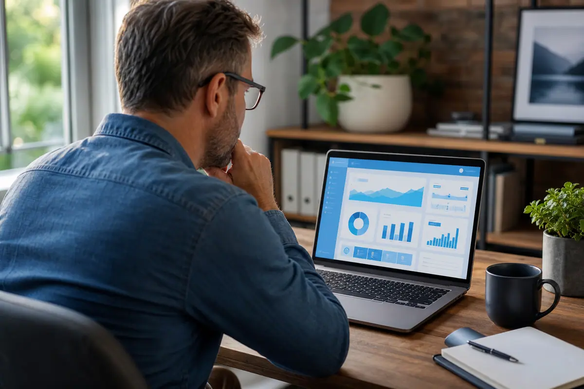 A business owner studies an abstract dashboard on a laptop at a wooden desk.