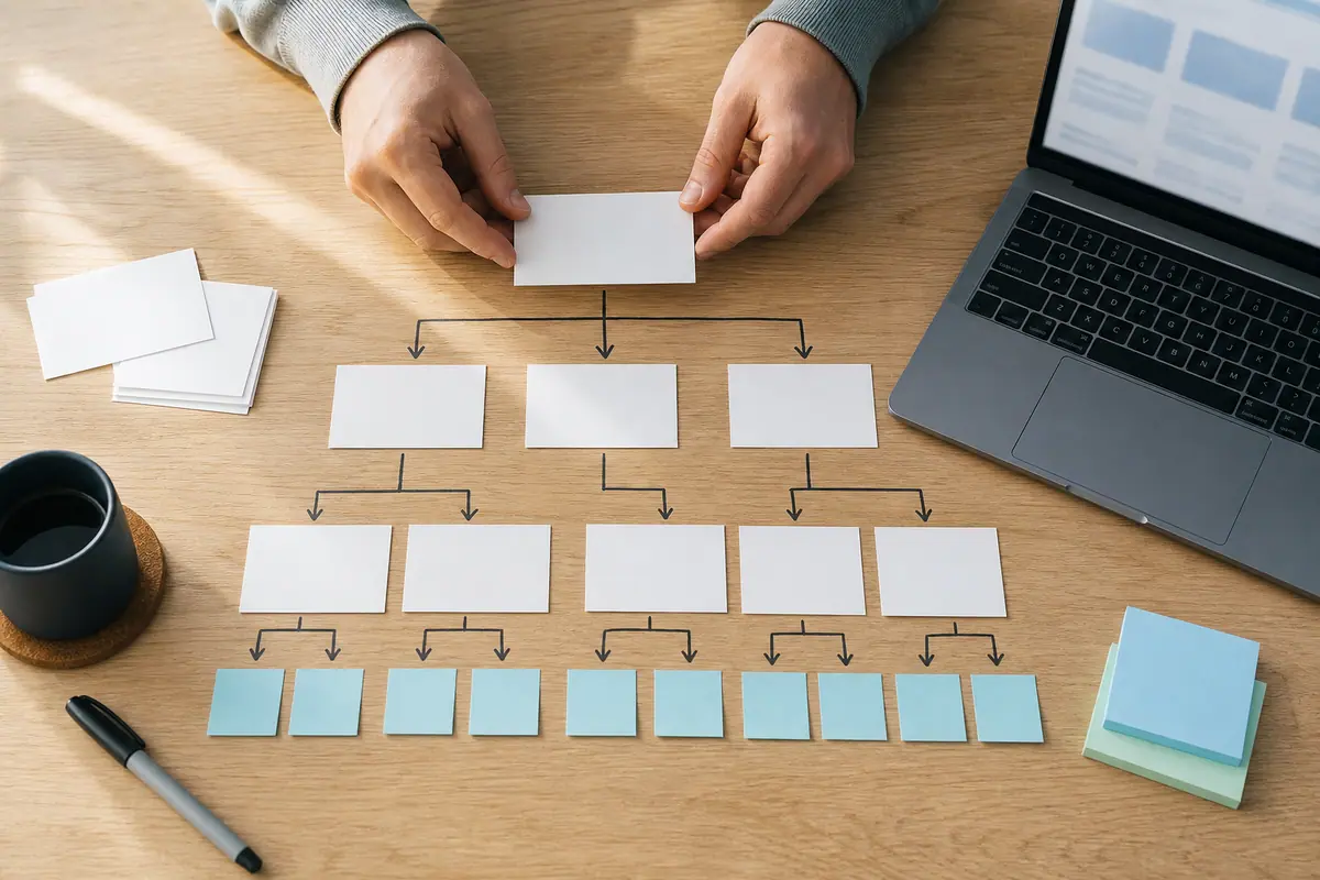 Overhead view of hands arranging cards into a connected website page structure on a table.