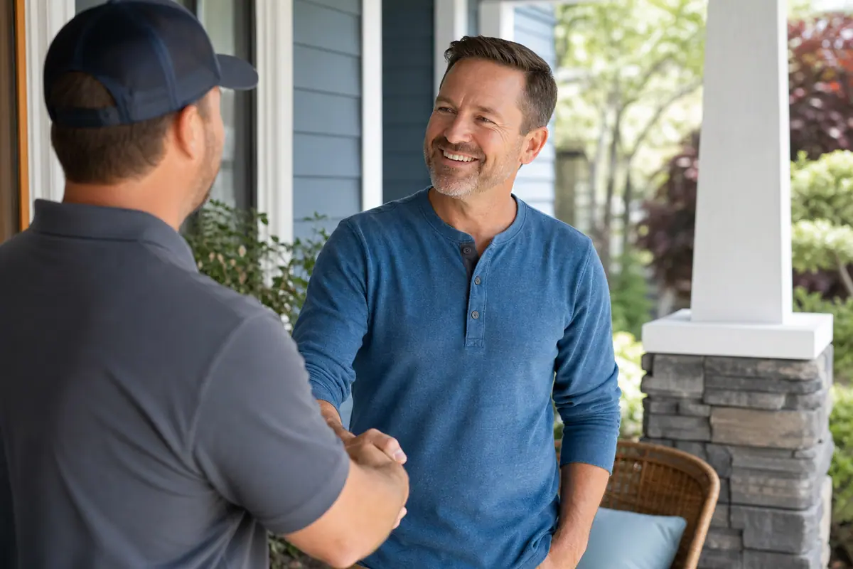 Homeowner warmly thanking a service professional on a sunlit front porch after finished work