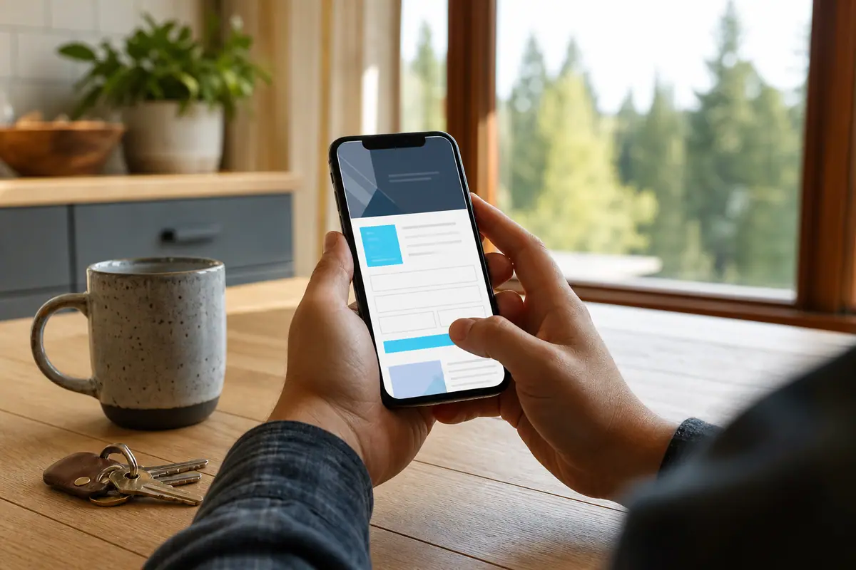Person at a sunlit kitchen table using a phone, thumb paused over a simple contact screen